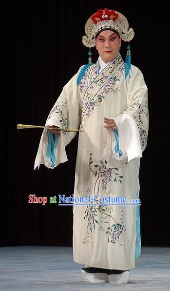 Chinese Beijing Opera Scholar White Robe Garment and Headwear Pick Up the Jade Bracelet Shaoxing Opera Xiaosheng Fu Peng Apparels Costumes