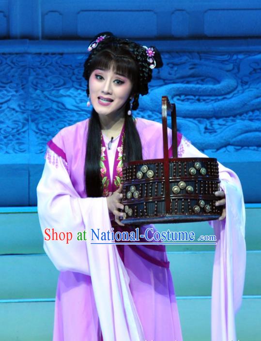 Chinese Shaoxing Opera Court Maid Purple Dress Garment and Headdress Palm Civet for Prince Yue Opera Hua Tan Kou Zhu Apparels Costumes