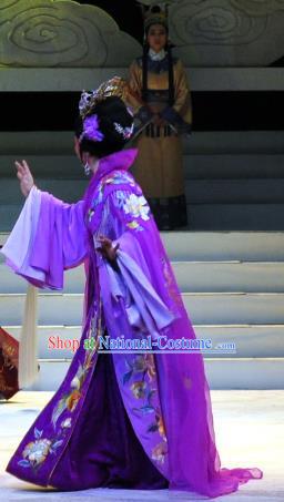 Chinese Shaoxing Opera Court Queen Purple Dress Garment and Headdress Palm Civet for Prince Yue Opera Hua Tan Empress Apparels Costumes