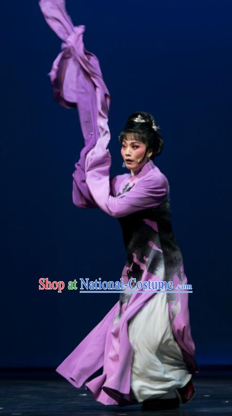 Chinese Shaoxing Opera Young Female Purple Dress Apparels Costumes and Headdress Qing Teng Kuang Ge Yue Opera Actress Garment