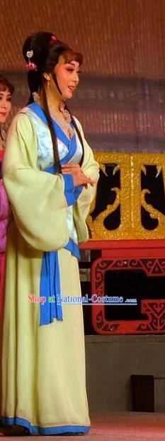 Chinese Shaoxing Opera Court Lady Green Dress Garment Costumes and Headpieces Han Wen Empress Yue Opera Xiaodan Apparels