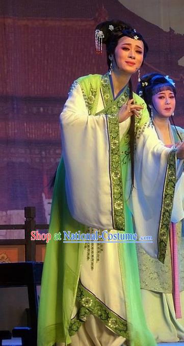 Chinese Shaoxing Opera Hua Tan Green Dress Costumes and Headpieces Han Wen Empress Yue Opera Actress Palace Lady Garment Apparels