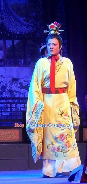 Chinese Yue Opera Niche Scholar Garment Costumes and Headwear Han Wen Empress Shaoxing Opera Young Male Yellow Robe Apparels Clothing