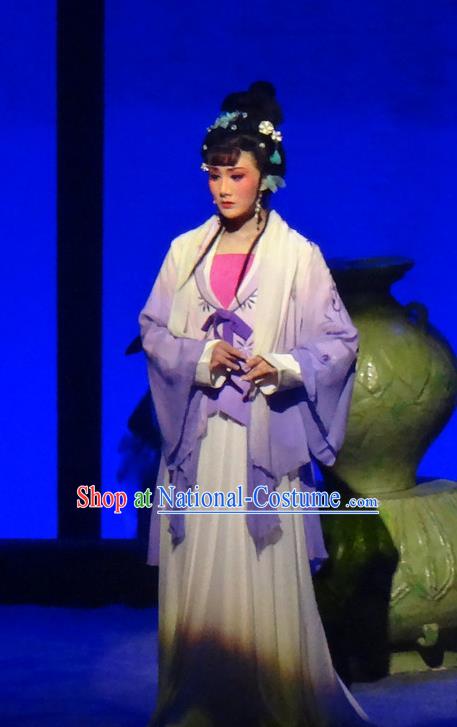 Chinese Shaoxing Opera Young Lady Liu Hanyan Dress Costumes and Headpieces Smoky Rain Celadon Yue Opera Hua Tan Actress Garment Apparels