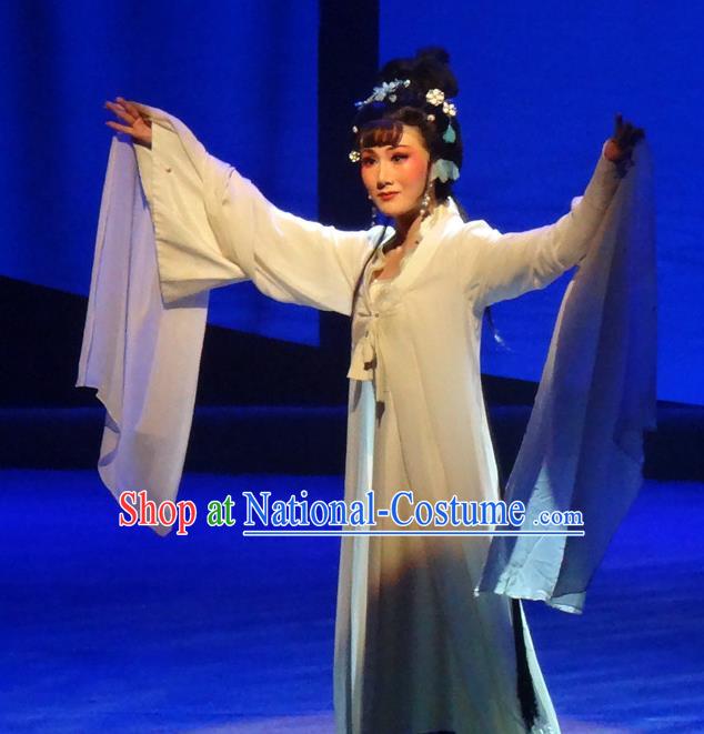 Chinese Shaoxing Opera Actress Liu Hanyan White Dress and Headpieces Smoky Rain Celadon Yue Opera Hua Tan Garment Apparels Costumes