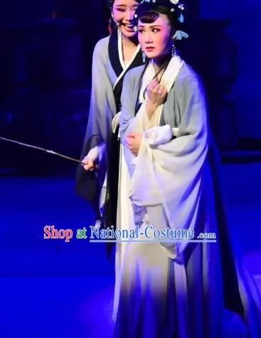 Chinese Shaoxing Opera Hua Tan Liu Hanyan Dress Costumes and Hair Accessories Smoky Rain Celadon Yue Opera Young Female Garment Apparels