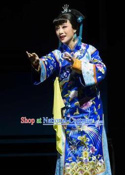 Chinese Shaoxing Opera Rich Dame Royalblue Dress Apparels and Hair Accessories Ling Long Nv Yue Opera Actress Garment Costumes