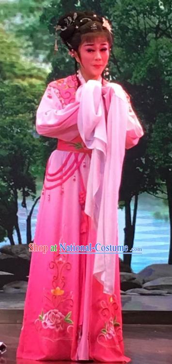 The Crimson Palm Chinese Shaoxing Opera Young Female Garment Costumes and Headwear Yue Opera Hua Tan Wang Qianjin Dress Apparels