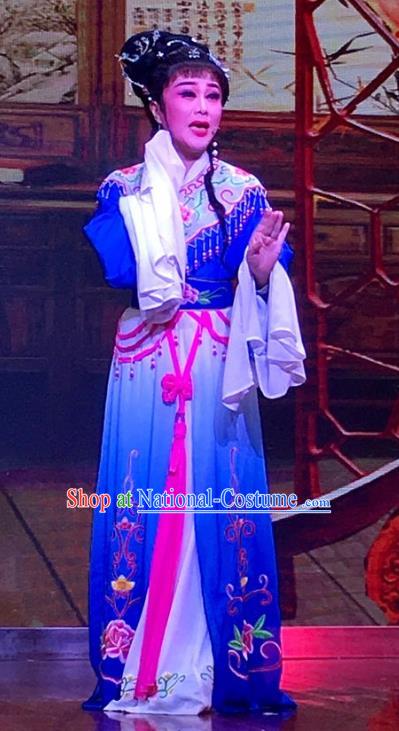 The Crimson Palm Chinese Shaoxing Opera Hua Tan Garment Apparels Costumes and Headpieces Yue Opera Young Female Wang Qianjin Blue Dress