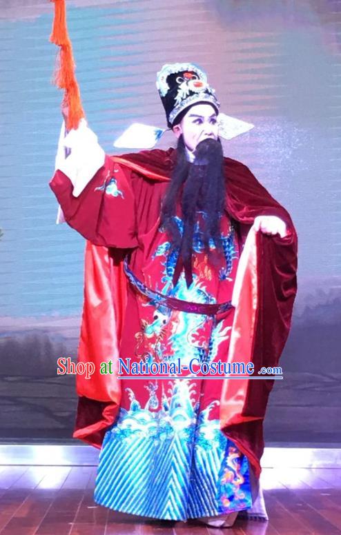 Chinese Yue Opera Official Garment and Headwear The Crimson Palm Shaoxing Opera Elderly Male Apparels Costumes Embroidered Robe