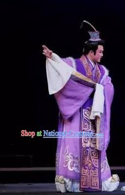 Chinese Yue Opera Young Male Purple Garment Costumes and Headwear Tong Que Tai Shaoxing Opera Xiaosheng Prince Apparels