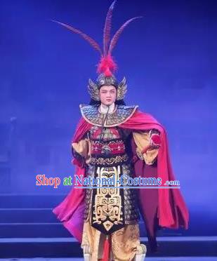 Chinese Yue Opera Wusheng Armor Garment Costumes and Headwear Tong Que Tai Shaoxing Opera General Apparels