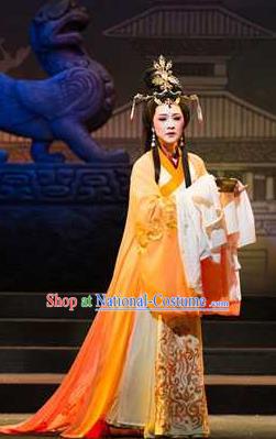 Tong Que Tai Chinese Shaoxing Opera Empress Costumes and Headpieces Yue Opera Hua Tan Queen Dress Garment Apparels