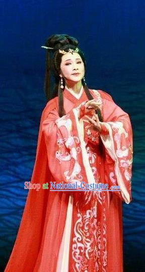 Chinese Shaoxing Opera Young Lady Tong Que Tai Garment Apparels Costumes and Headdress Yue Opera Hua Tan Diao Chan Red Hanfu Dress