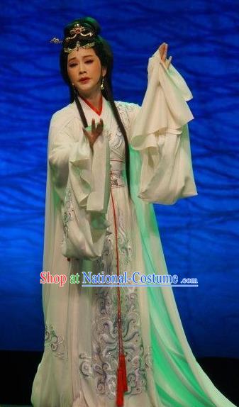 Chinese Shaoxing Opera Hua Tan Tong Que Tai Garment Apparels Costumes and Headdress Yue Opera Young Beauty Diao Chan White Hanfu Dress