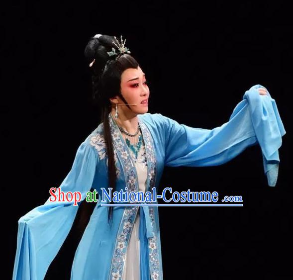 Chinese Shaoxing Opera Hua Tan Chen Sanliang Blue Dress Apparels Costumes and Headpieces Yue Opera Young Female Actress Garment