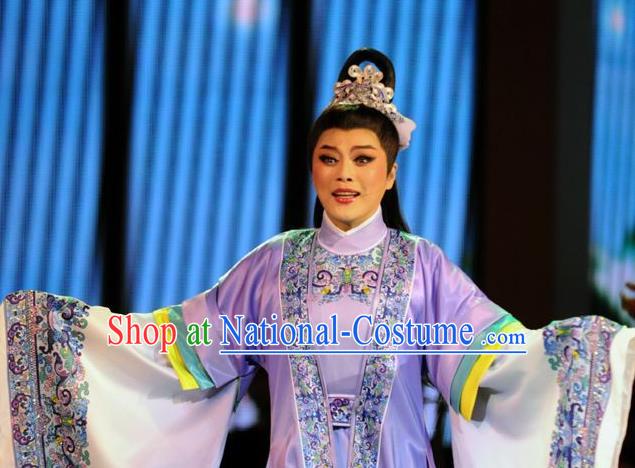 Chinese Yue Opera Young Male Garment Costumes and Headwear Shaoxing Opera Mo Chou Nv Xiaosheng Apparels Scholar Lu Yong Purple Robe