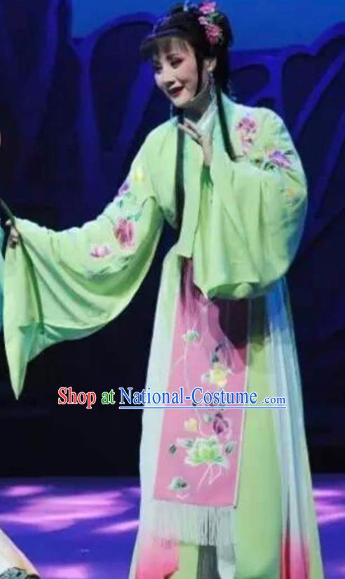 Chinese Shaoxing Opera Actress Green Dress Apparels and Hair Accessories Mo Chou Nv Yue Opera Hua Tan Young Lady Garment Costumes