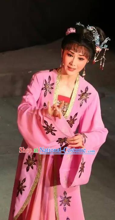 Chinese Shaoxing Opera Young Female Hua Tan Pink Dress Apparels Garment and Hair Accessories Baihua River Yue Opera Actress Cai Feng Costumes