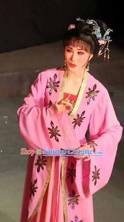 Chinese Shaoxing Opera Young Female Hua Tan Pink Dress Apparels Garment and Hair Accessories Baihua River Yue Opera Actress Cai Feng Costumes