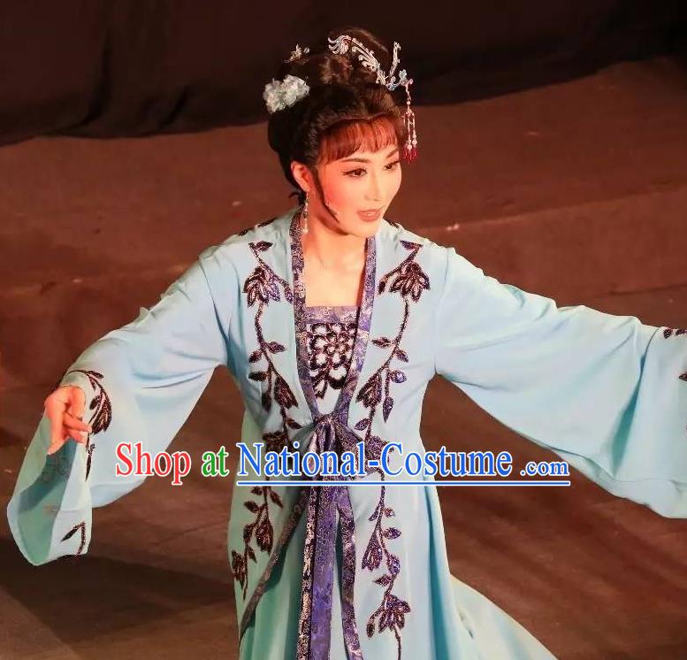 Chinese Shaoxing Opera Actress Young Female Blue Dress Garment and Hair Accessories Baihua River Yue Opera Hua Tan Cai Feng Costumes Apparels