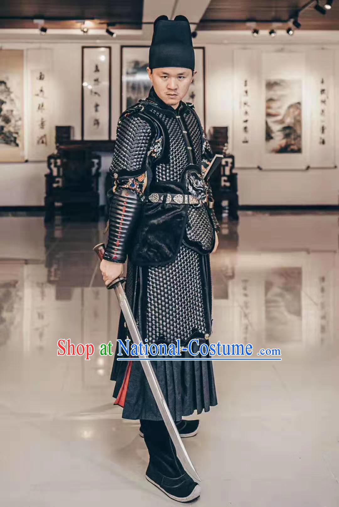 Custom Chinese Ming Dynasty Soldier Black Armor Suits Cosplay Drama Costumes Ancient Blades Apparels and Headwear Complete Set