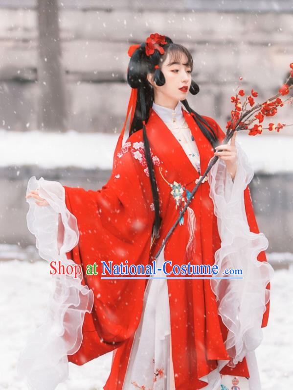 Traditional Chinese Ming Dynasty Historical Costumes Hanfu Dress Ancient Noble Lady Garment Red Cloak