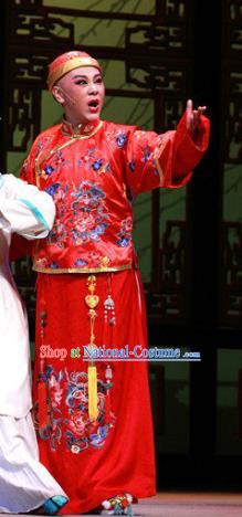 Chinese Yue Opera Wedding Garment Costumes and Headwear Wisp of Hemp Shaoxing Opera Stupid Scholar Bridegroom Apparels