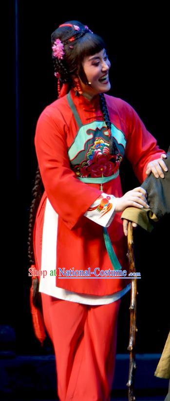 Chinese Shaoxing Opera Jiujin Girl Young Female Red Dress and Headpieces Yue Opera Hua Tan Garment Country Lady Costumes Apparels