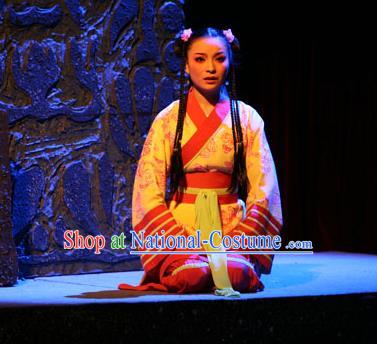 Chinese Shaoxing Opera Young Lady Dress and Headdress Da Mo Li Ge Yue Opera Yuwen Fang Garment Actress Apparels Costumes