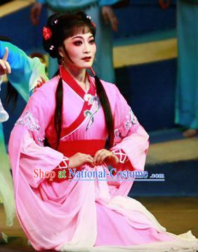 Chinese Shaoxing Opera Country Lady Lin Moniang Rosy Dress Costumes and Headpieces Ma Zu Yue Opera Actress Garment Hua Tan Apparels