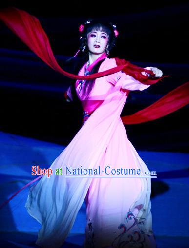 Chinese Shaoxing Opera Noble Lady Yuwen Fang Rosy Dress Costumes and Headpieces Da Mo Li Ge Yue Opera Actress Garment Hua Tan Apparels