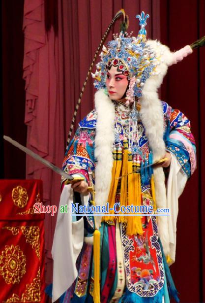 Chinese Kun Opera Female General Costumes Princess Baihua Peking Opera Blues Garment Apparels and Headdress