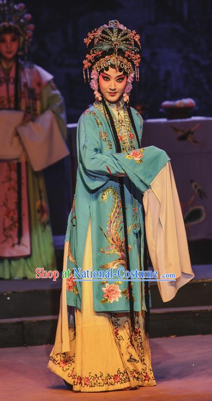 Chinese Kun Opera Hua Tan Consort Yang Blue Dress The Palace of Eternal Youth Costumes Peking Opera Apparels Actress Garment and Headwear