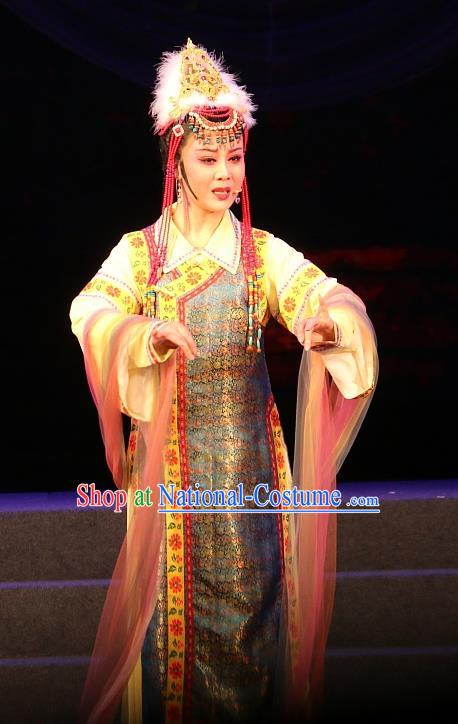 Chinese Shaoxing Opera Young Woman Dress Costumes and Headwear Xi Ma Qiao Yue Opera Princess A Jiao Garment Apparels