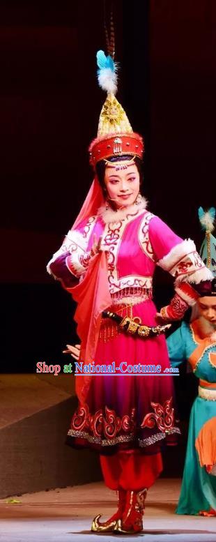 Chinese Shaoxing Opera Young Female Rosy Costumes and Headwear Xi Ma Qiao Yue Opera Hua Tan Princess A Jiao Dress Garment Apparels