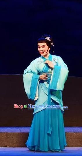 Chinese Shaoxing Opera Civilian Female Garment Costumes and Headpieces Xi Ma Qiao Yue Opera Actress Xiao Yueying Blue Dress Apparels