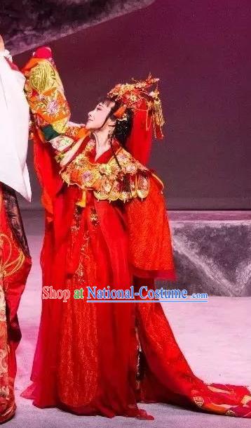 Chinese Shaoxing Opera Actress Wedding Garment Costumes and Headdress Dong Jun Qu Qi Yue Opera Hua Tan Zhi Lan Red Dress Apparels