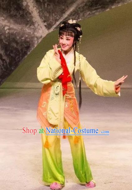 Chinese Shaoxing Opera Young Lady Garment and Headpieces Dong Jun Qu Qi Yue Opera Country Girl Zhi Lan Dress Apparels Costumes