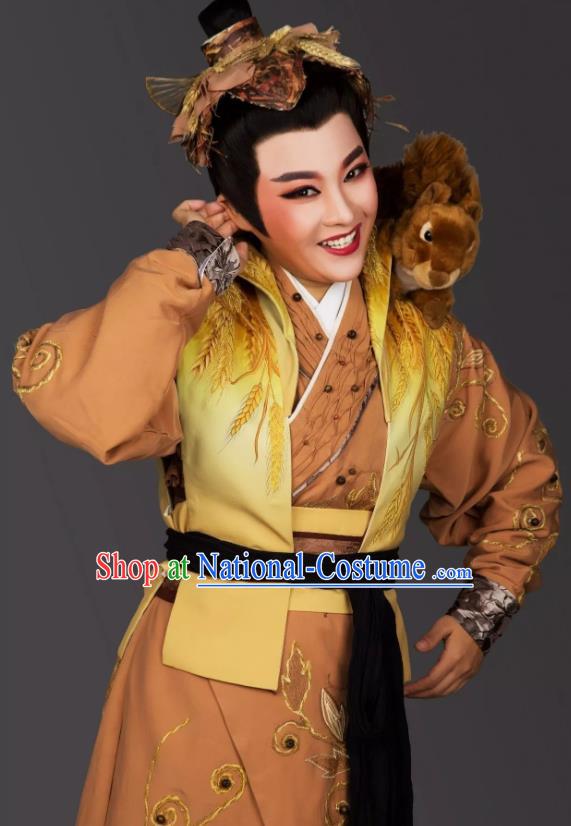 Dong Jun Qu Qi Chinese Yue Opera Young Male Ku Liang Costumes and Headwear Shaoxing Opera Farmer Garment Apparels