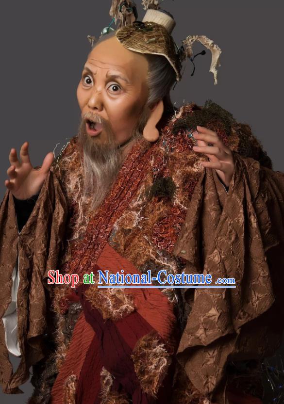 Dong Jun Qu Qi Chinese Yue Opera Elderly Male Costumes and Headwear Shaoxing Opera God of Land Garment Apparels