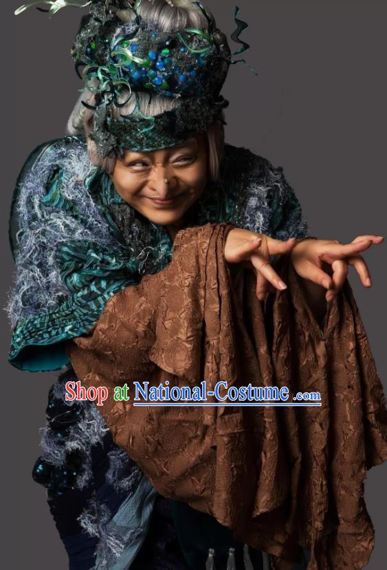 Chinese Shaoxing Opera Elderly Female Dress Garment and Headdress Dong Jun Qu Qi Yue Opera Land Shiva Apparels Costumes