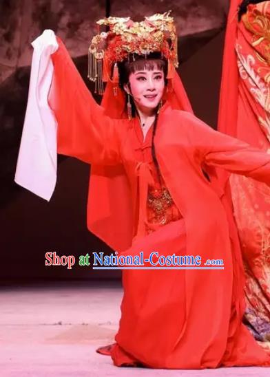 Chinese Shaoxing Opera Young Lady Red Dress Garment and Headdress Dong Jun Qu Qi Yue Opera Hua Tan Zhi Lan Wedding Apparels Costumes