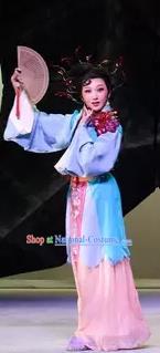 Chinese Shaoxing Opera Country Girl Blue Dress Garment and Headdress Dong Jun Qu Qi Yue Opera Hua Tan Apparels Costumes