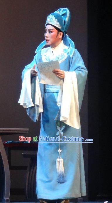 Chinese Shaoxing Opera Scholar Blue Robe Garment Yue Opera Shuang Fei Yi Young Male Apparels Li Shangyin Costumes and Hat