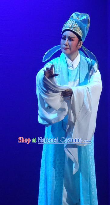 Chinese Shaoxing Opera Poet Scholar Blue Garment Yue Opera Shuang Fei Yi Young Male Li Shangyin Apparels Costumes and Hat