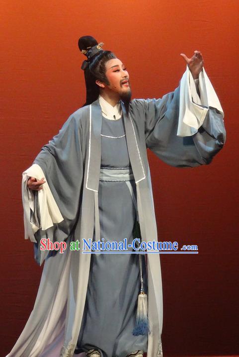 Chinese Shaoxing Opera Elderly Scholar Garment Yue Opera Shuang Fei Yi Apparels Lao Sheng Grey Costumes and Headwear