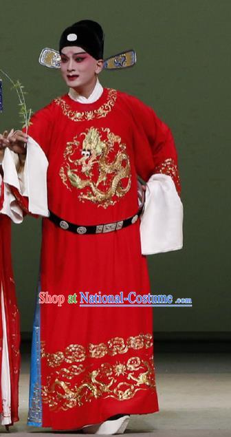 Chinese Classical Kun Opera Scholar Young Male Wedding Garment The Purple Hairpin Peking Opera Bridegroom Red Costumes and Hat