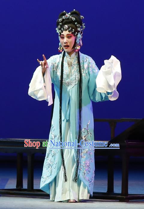 Chinese The Purple Hairpin Kun Opera Rich Lady Costumes Peking Opera Garment Hua Dan Huo Xiaoyu Blue Dress Apparels and Headdress