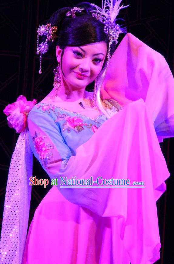 Chinese Shaoxing Opera Hua Tan Garment Costumes and Headdress Painted Skin Hua Pi Yue Young Mistress Wang Dress Apparels